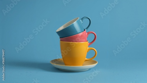Colorful Cups Stacked on a Blue Background With a Saucer Below