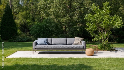 Modern Sofa Sits on Stone Patio Surrounded by Greenery in Bright Daylight Out...