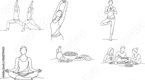 Yoga practice and healthy food illustration
