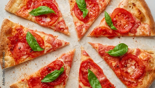 Slices of Pizza With Tomato Sauce, Cheese, and Basil on a Light Background