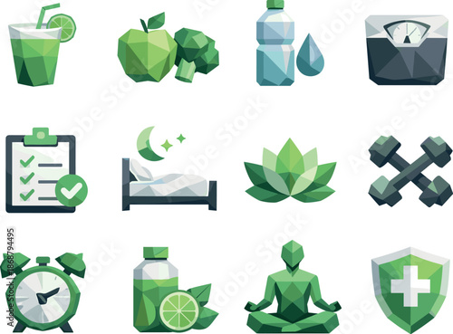 Post-Holiday Wellness Icons. Diet recovery and wellness routine after festive season visualized as a low-poly vector icon set with