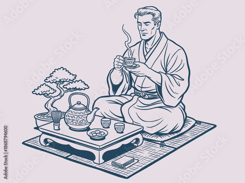Vintage Japanese Tea Ceremony Line Art. Man in Kimono Sipping Matcha with Bonsai. Traditional Relaxation Illustration.
