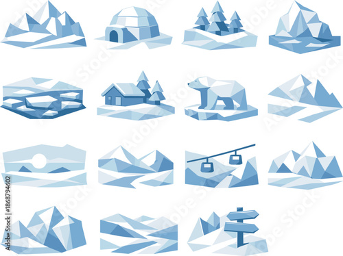Low-Poly Winter Icons. Vast winter landscapes and open snowfields visualized as a cohesive low-poly vector icon set built from