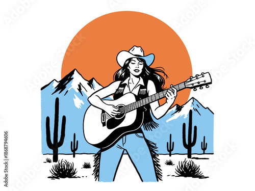 Retro Line Art Cowgirl Musician Illustration. Country Western Poster Art with Guitar, Desert, and Sunset.