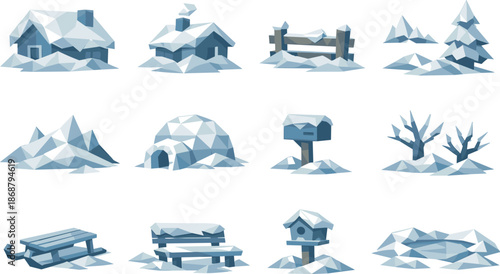 Winter Yard Icon Set. Low-poly vector icon set for snowdrift by the house and winter yard scenery, featuring angular polygonal