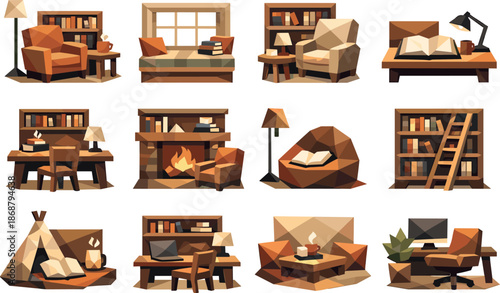 Cozy Library Icons. Library reading nook and warm quiet study spaces visualized as a low-poly vector icon set with sharp polygon
