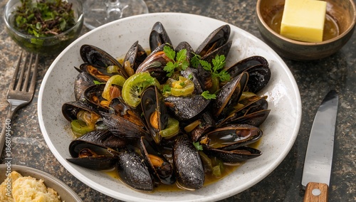 Mussels Cooked With Vegetables Served on a Plate at a Dining Table