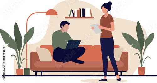 Young couple using computer, devices and screens at home in sofa relaxing. Domestic life and digital leisure activities concept in flat design vector illustration with white background.