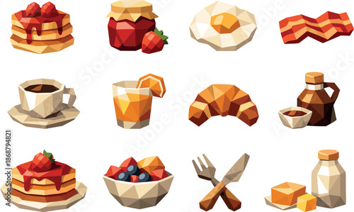 Low-Poly Pancake Icons. Low-poly vector icon set for pancakes with jam and traditional breakfast concept, featuring angular