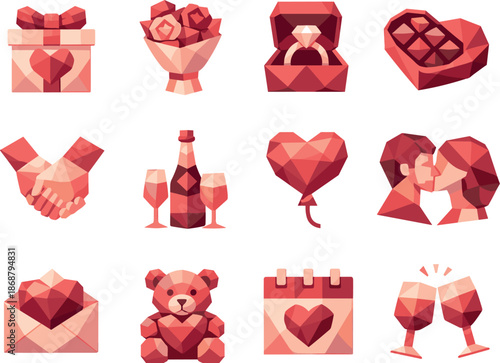 Romantic Gift Icons. Low-poly polygonal vector icon set focused on couple’s gift, romantic present, love-themed package, and