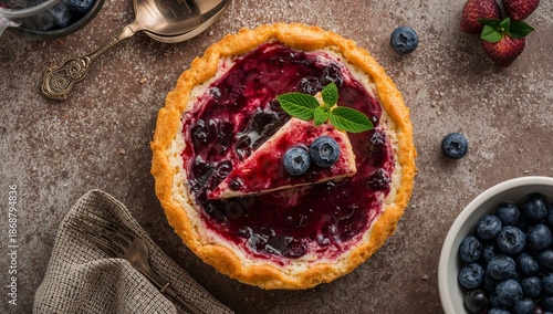 Delicious Dessert With Berry Topping Served on a Table With Fresh Fruits in a...