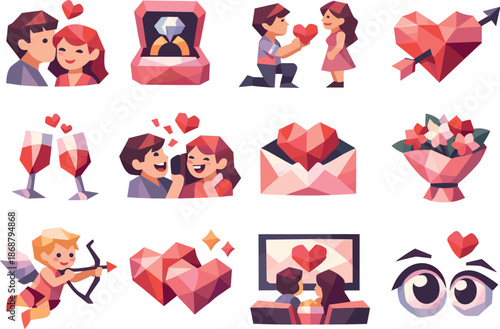 Low-Poly Love Icons. Playful romantic interactions and comedic love visualized as a low-poly vector icon set with sharp polygon