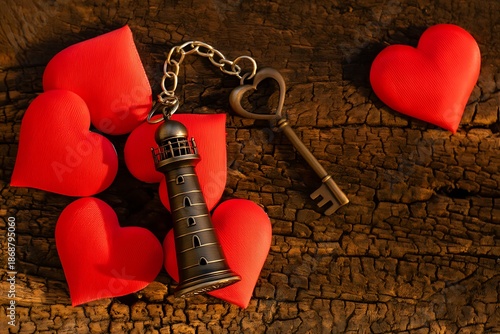 Red hearts and a lighthouse keychain on wooden surface