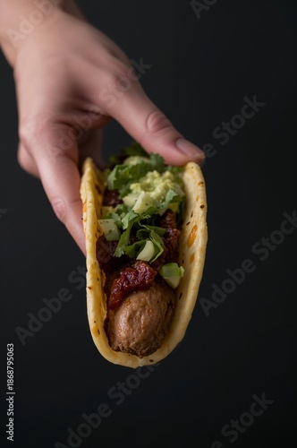 Hand Holding a Taco Filled With Meat and Vegetables in a Close-Up View