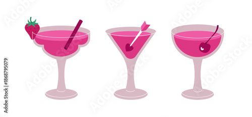 Romantic cocktails isolated on white background. Vector illustration of pink drinks in different glasses with garnish. Alcohol cocktails with arrow, strawberry and cherry