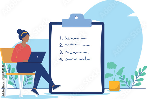 Woman taking notes and making list - Person sitting in chair with laptop computer in front of big clipboard writing and working. Flat design vector illustration with white background