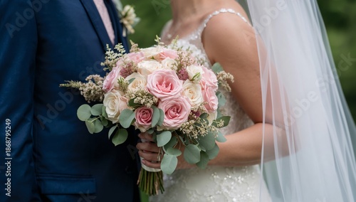 Couple Stands Together Holding Bouquet of Flowers at Outdoor Wedding Ceremony...