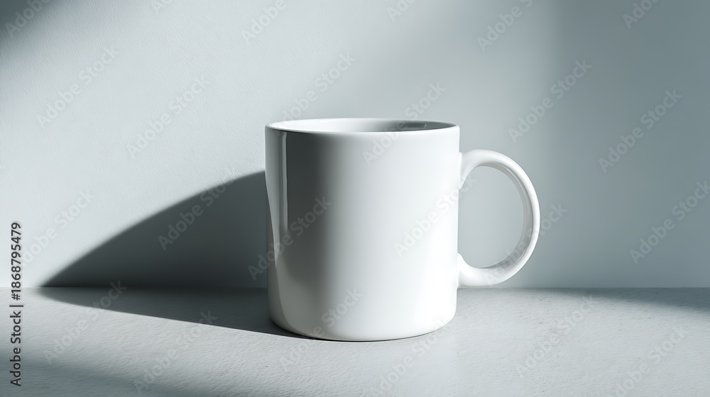 Obraz premium A blank white ceramic mug sits on a surface, illuminated by sunlight. Shadows frame it