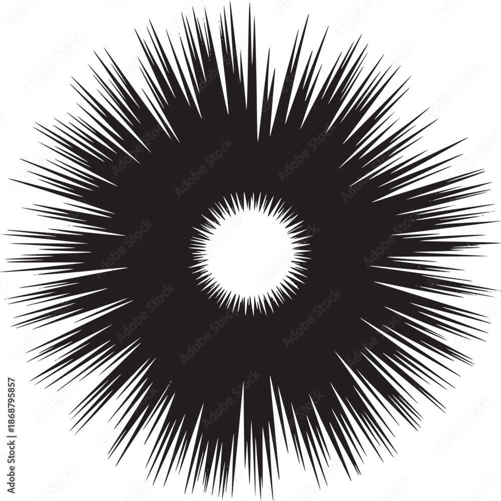 Fototapeta premium A black and white abstract image of a radial burst pattern with a central white circle on white background