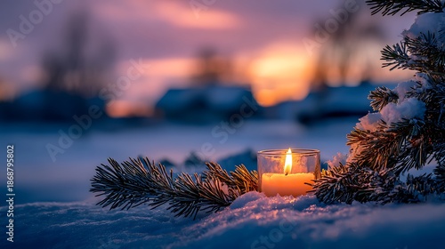 A candle burns brightly, nestled in snow-covered evergreen branches, at dusk. Soft light and serene atmosphere