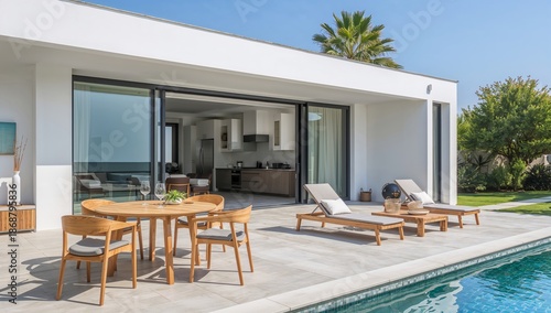 Modern Outdoor Area With Pool and Dining Furniture Near Kitchen on Sunny Day