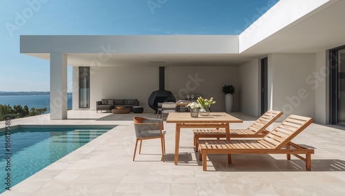Modern Outdoor Area With Pool and Dining Furniture Near Kitchen on Sunny Day