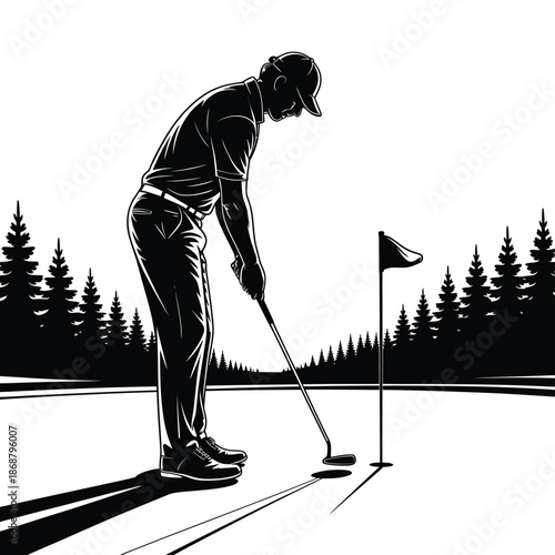 Golfer preparing to putt on a green with forested background scene