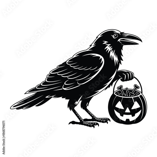 A black raven perched with a jack o lantern treat bucket
