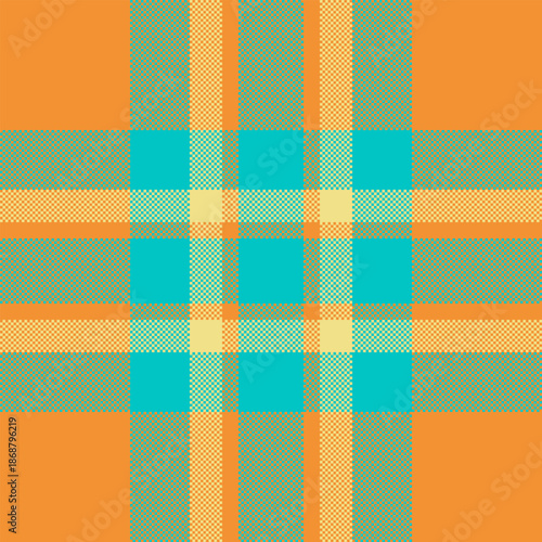 Newborn fabric check background, linen vector seamless plaid. Platform texture tartan textile pattern in orange and teal colors.