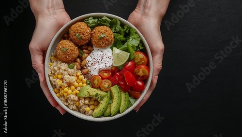 Healthy Meal Bowl With Vegetables, Grains, and Falafel on a Dark Background