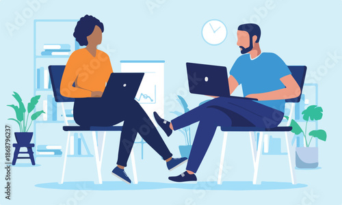  Two people sitting with laptops - People in office sitting in char working on computers together in office. Flat design vector illustration