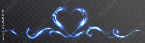 Glowing blue heart light trail with sparkling wave isolated on transparent background.
