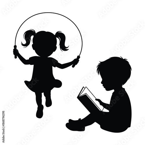 A silhouette of children playing and reading simple and charming