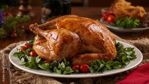 Roasted Turkey Served With Greens and Vegetables at a Festive Dinner Gatherin...