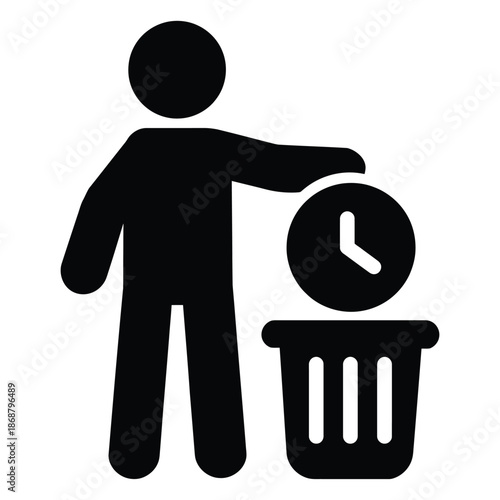 Discarding time a pictogram of a person throwing a clock into trash