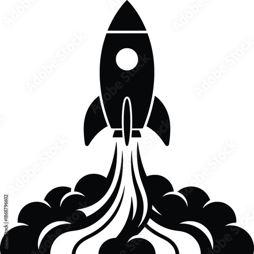 A sleek black rocket launching with a trail of fiery exhaust