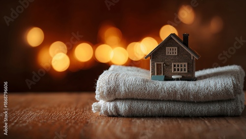 Small Wooden House Model Placed on a Stack of Towels With Warm Lights in the ...