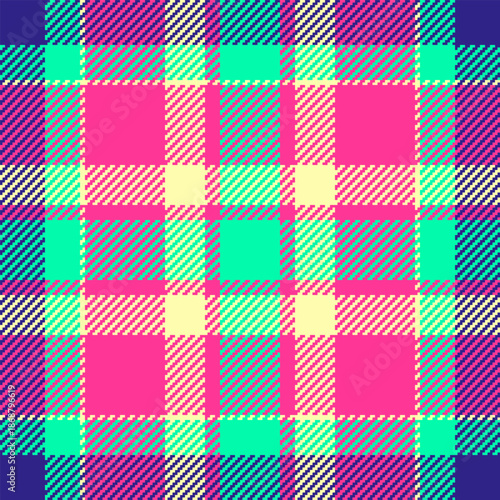 A colorful and energetic digital plaid pattern with a retro neon palette. This bold geometric background is ideal for textiles, fashion branding, and eyecatching social media graphics.