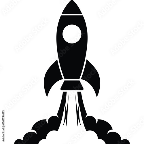 A sleek black rocket ship blasting off with fiery exhaust trails