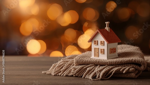 Small Wooden House Model Placed on a Stack of Towels With Warm Lights in the ...