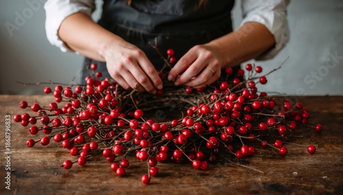 Creating a Floral Arrangement With Red Berries and Green Leaves on a Wooden T...