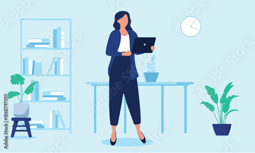 Woman with laptop smiling - Professional businesswoman executive standing in office at work holding PC computer in hands and enjoying time of work and business. Flat design vector illustration