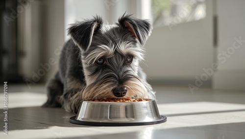 Dog Eating From Bowl in Sunlit Kitchen During Morning Hours