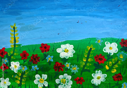 Fényképezés Field of wildflowers painted in vibrant gouache style, colorful scenic landscape