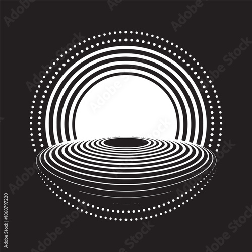 Abstract black and white concentric circles with dots creating a portal like appearance