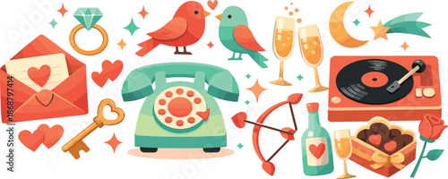 Retro Valentine Symbols. Mid-century romantic symbols arranged in a cheerful vintage composition, modern flat vector illustration