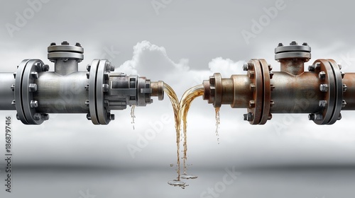 Industrial oil pipeline connection with flowing liquid between metal valves symbolizing energy production extraction infrastructure and global resource supply chains, Generative AI