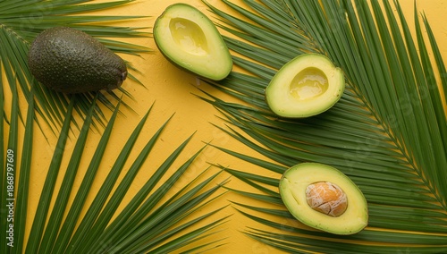 Fresh Avocado Halves With Palm Leaves on a Bright Yellow Surface in Natural L...