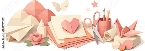 Paper Craft Harmony. Cut and folded paper shapes arranged into a calm creative scene with tactile depth, modern flat vector