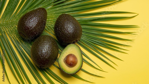 Fresh Avocado Halves With Palm Leaves on a Bright Yellow Surface in Natural L...